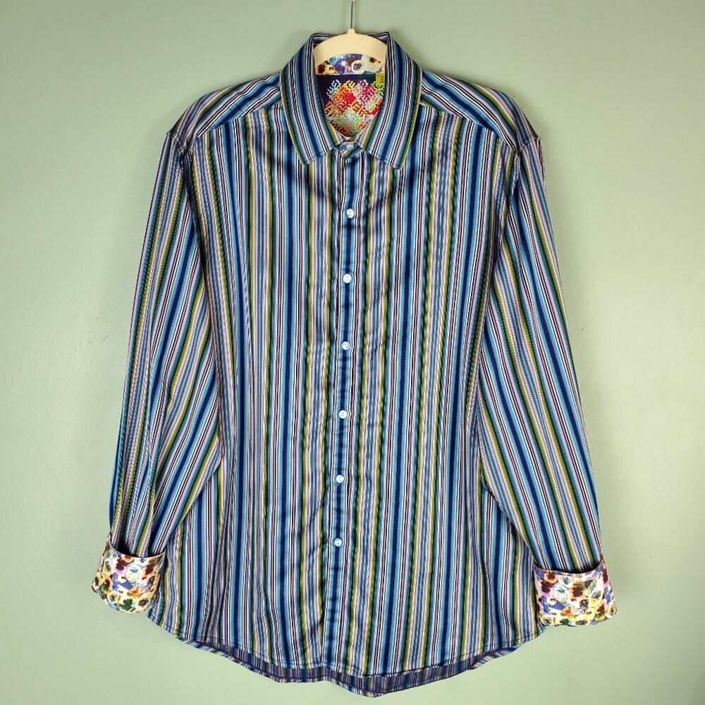 Robert Graham Men's Striped Button Down Flip Cuff Long Sleeve Shirt Size L